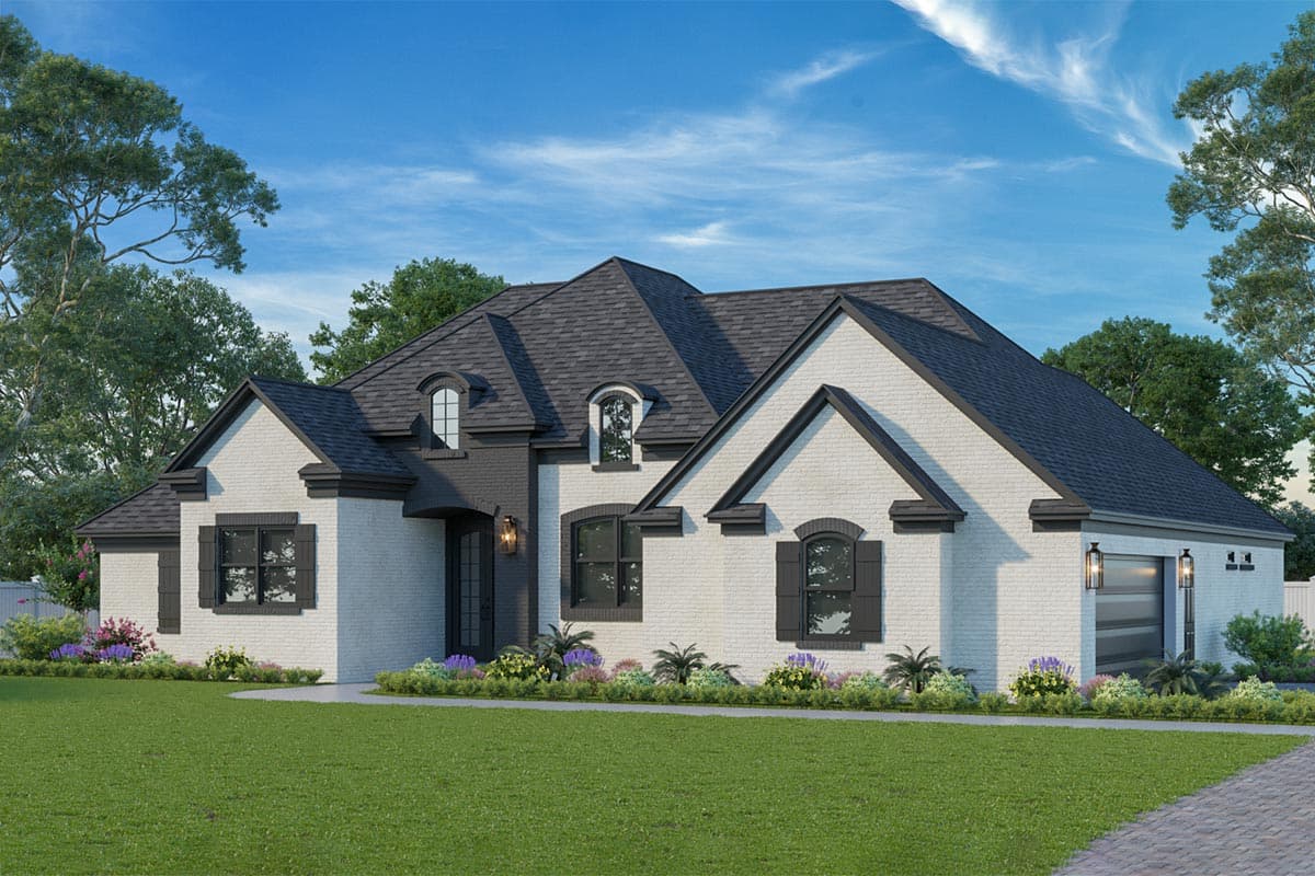 House plan exterior: Two-story Modern Farmhouse with white brick, dark accents, arched dormers, and a side-entry garage.