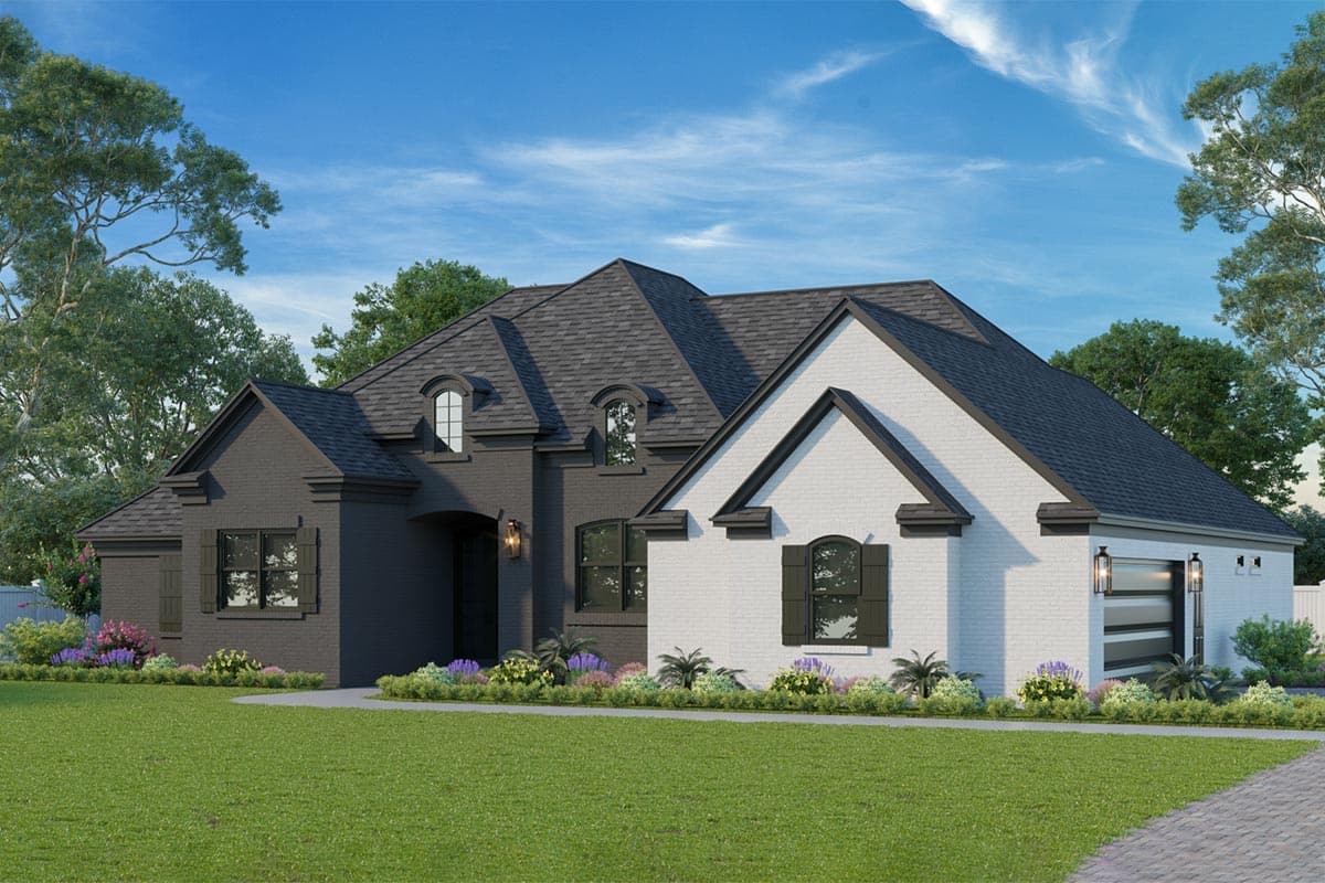 House plan exterior: Two-story modern farmhouse with dark brick, white brick, gables, dormers, and a two-car garage.
