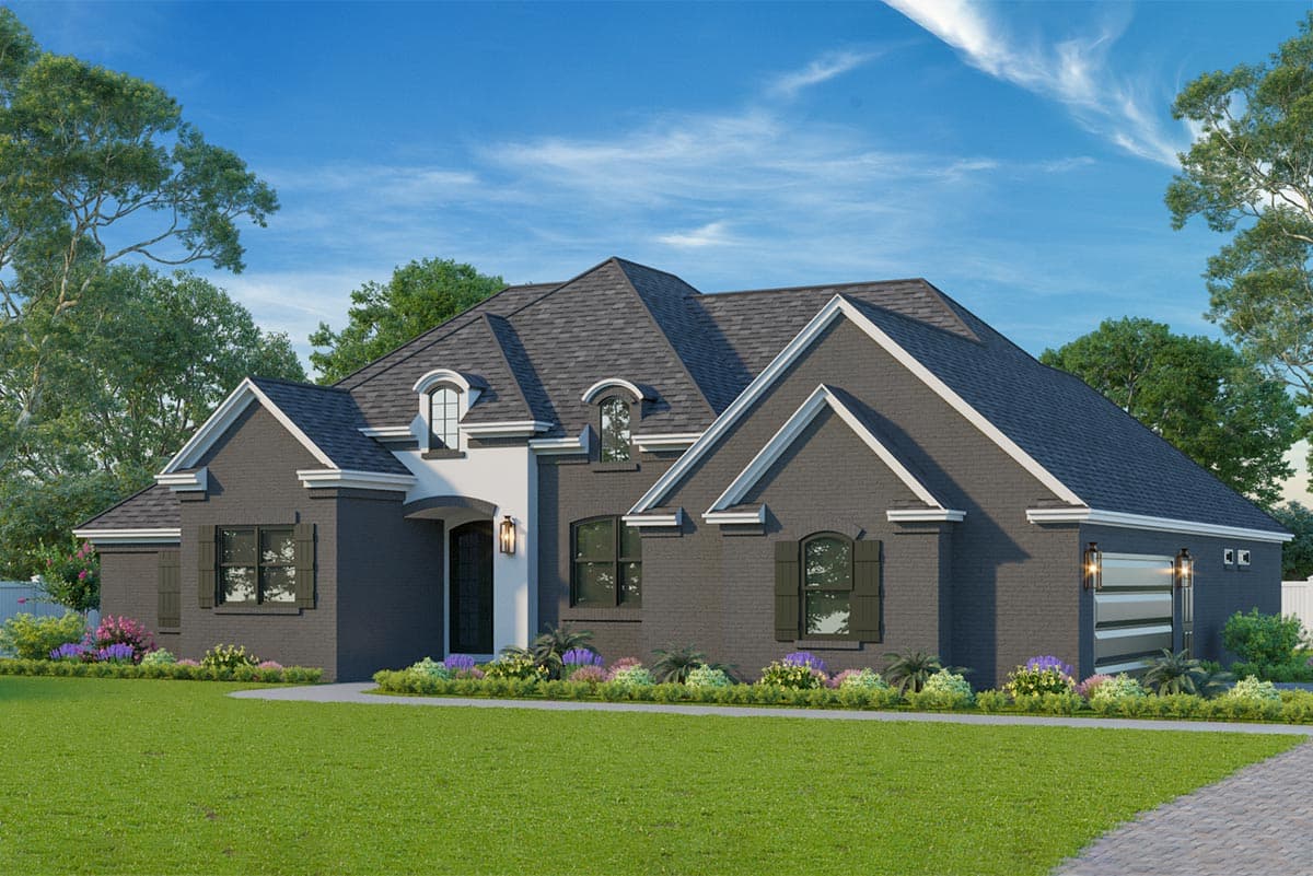 House plan exterior: Modern Farmhouse style, one story, brick facade, arched entry, dormer windows, and attached garage.