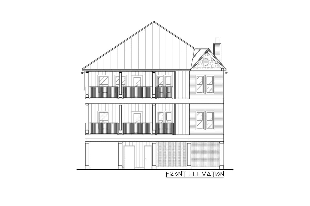 Front elevation drawing of a three-story house plan with double balconies, gabled roof, and exposed foundation.
