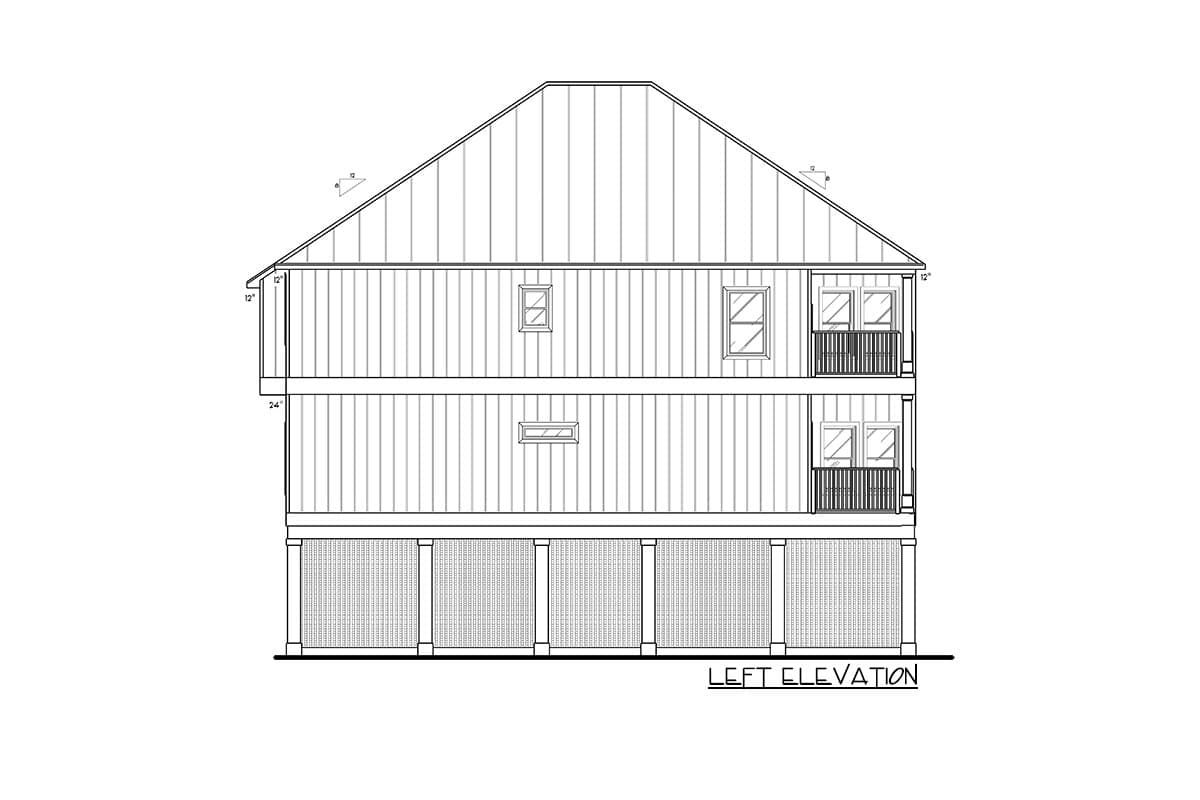 Left elevation drawing of a two-story house plan with vertical siding, multiple windows, balconies, and a covered base.