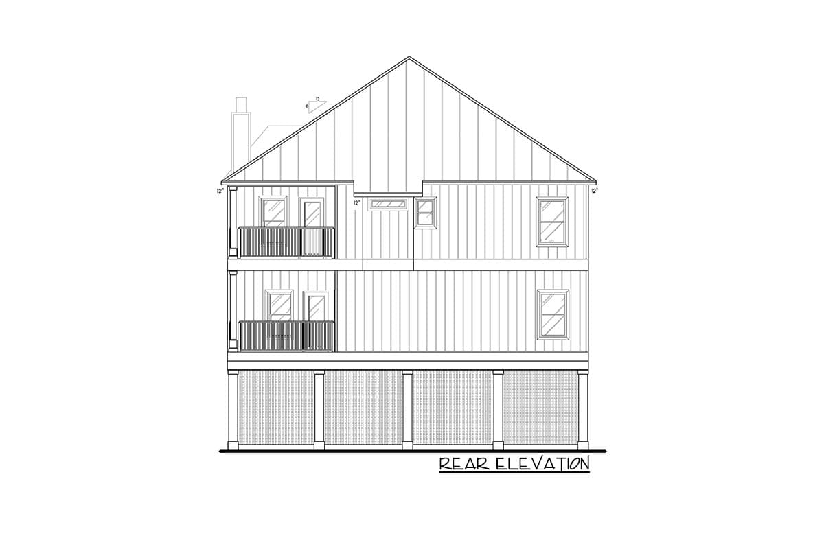 Rear elevation drawing of a two-story house with double balconies and a gable roof. Features vertical siding.