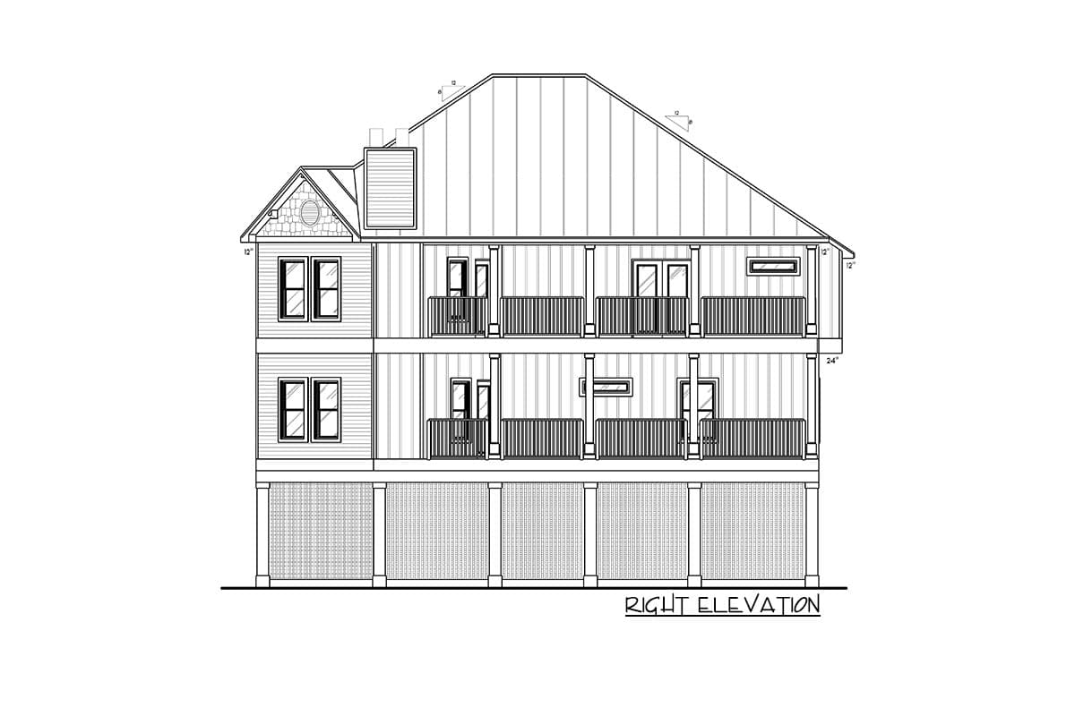 Right elevation drawing of a three-story house plan with balconies on two levels and a gabled roof.