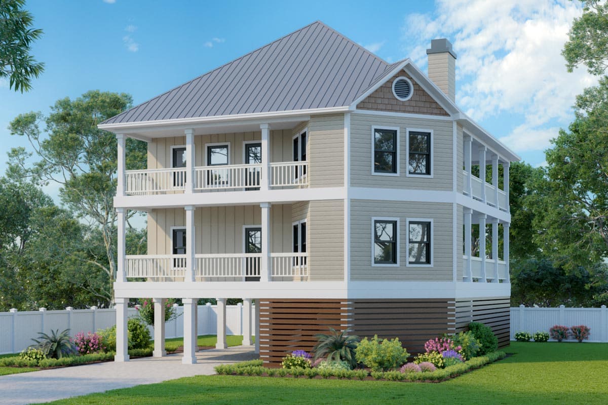 House plan exterior. Two-story design with elevated foundation, multi-level verandas, a metal gable roof, and vertical siding. Features a chimney.