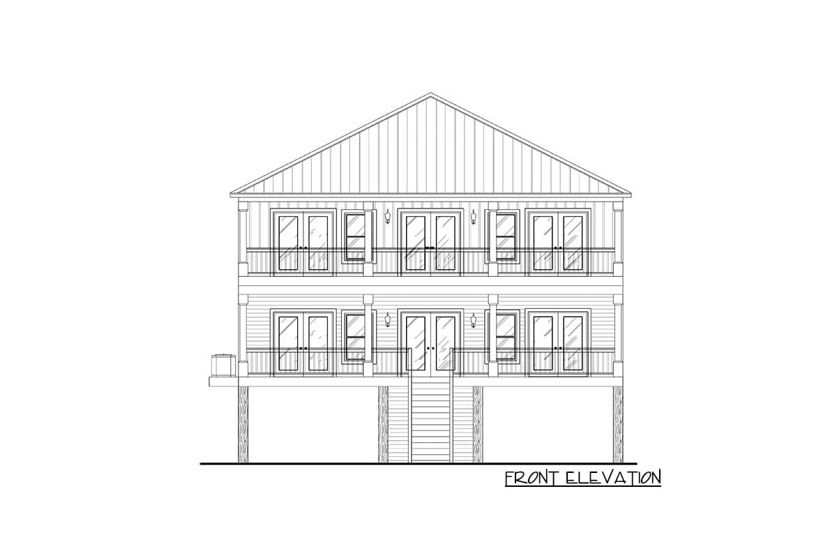 Front elevation drawing of a two-story house plan raised on stilts, featuring balconies on both levels and double doors.