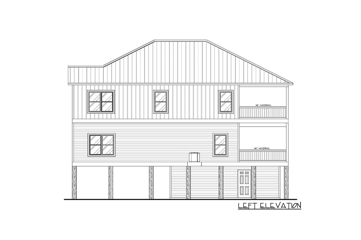 Left elevation house plan with two stories, multiple windows, and two wraparound porches with handrails.
