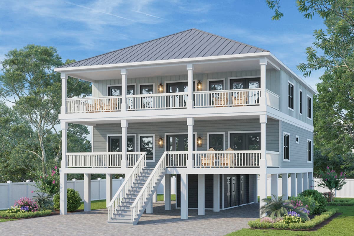 House plan exterior view of a two-story coastal home with multiple covered balconies, a raised foundation, and a metal roof.