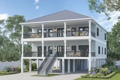 Elevated Coastal House Plan with Kitchen and Living Room on Top Floor