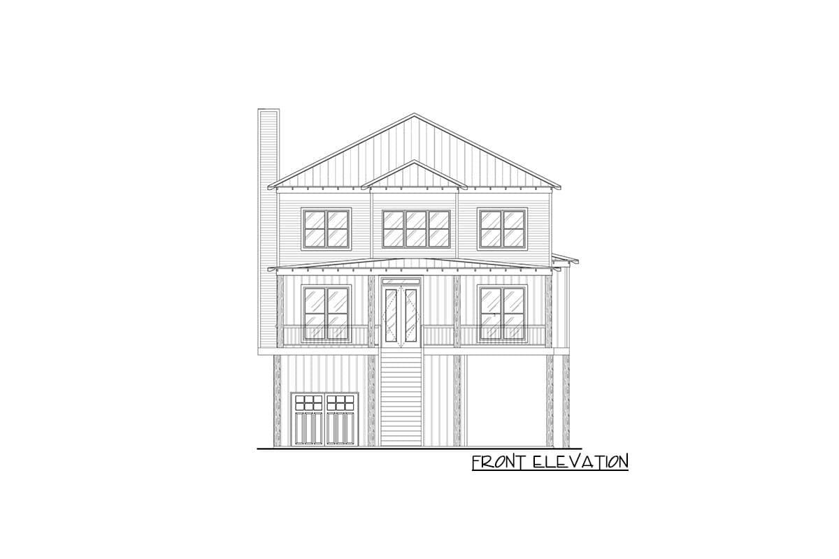 Front elevation drawing of a two-story house with a covered porch, double entry doors, multiple windows, and a prominent chimney.