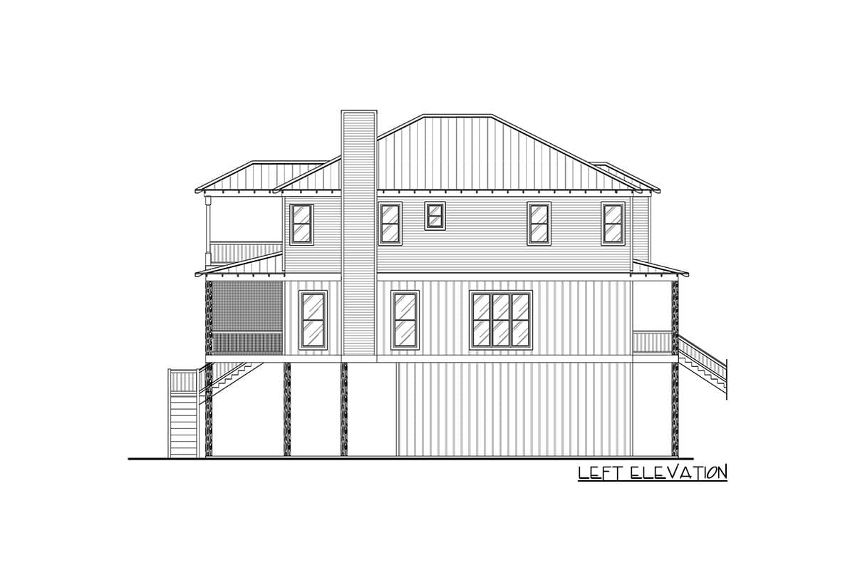 Left elevation house plan showing a two-story structure on piers with multiple porches, a central chimney, and varied window configurations.