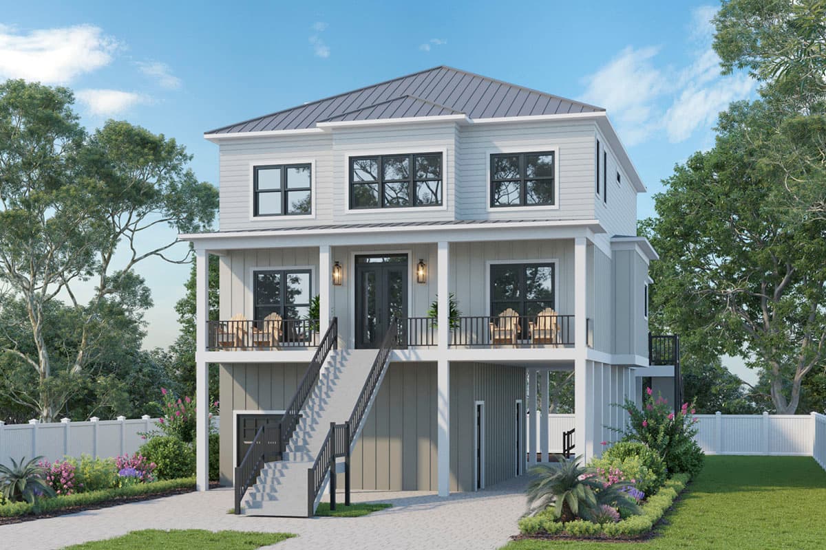 House plan exterior: Two-story home with a metal roof, front-facing stairs, and a porch. Features include a garage and multiple windows.