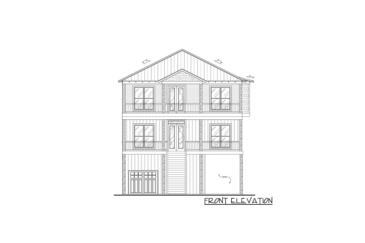 Front elevation drawing of a three-story house plan with a gabled roof, balconies on two levels, and a lower garage door.