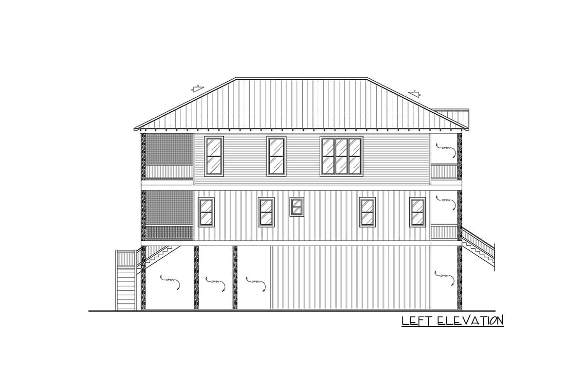 Left elevation drawing of a two-story house plan with screened porches, multiple windows, and an open ground level.