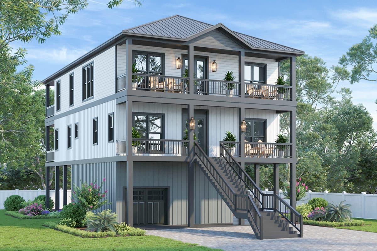 House plan exterior. Two-story with covered balconies, a metal roof, and a ground-level garage. Exterior features a raised foundation.