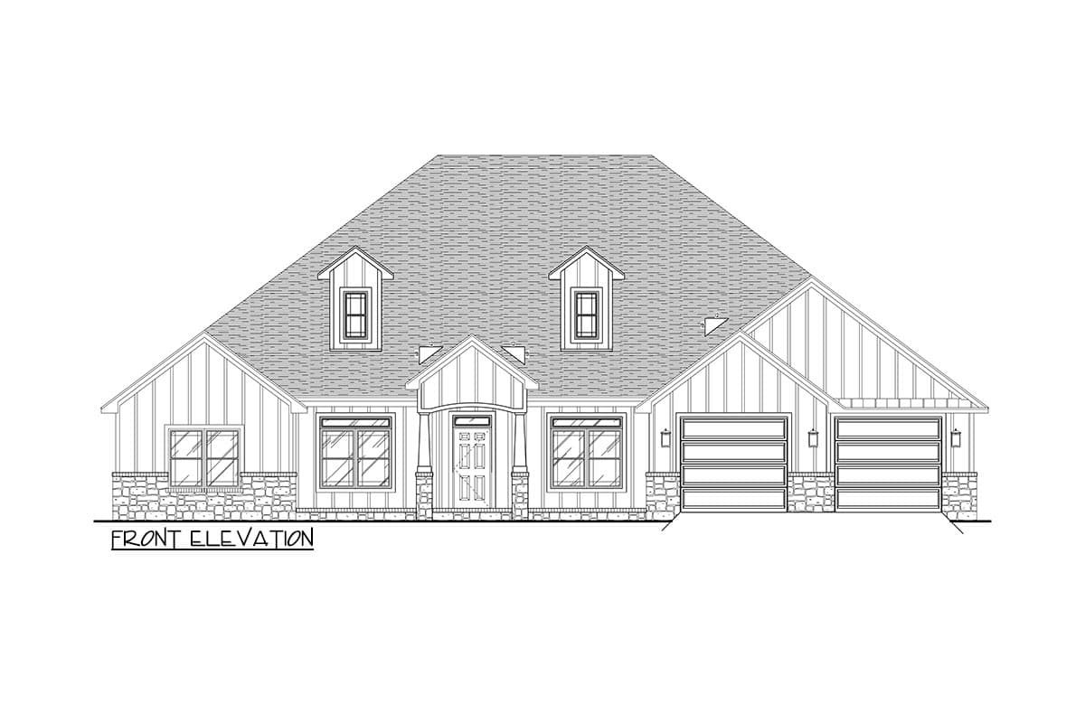 Front elevation house plan showing a one-story home with board and batten siding, stone base, dormers, and a three-car garage.