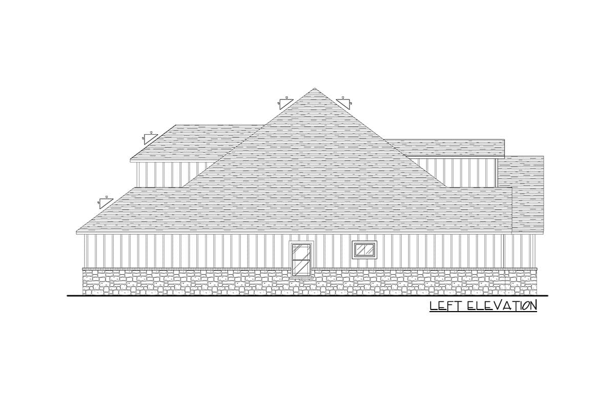 House plan left elevation with multi-level rooflines, porch columns, and stone foundation.