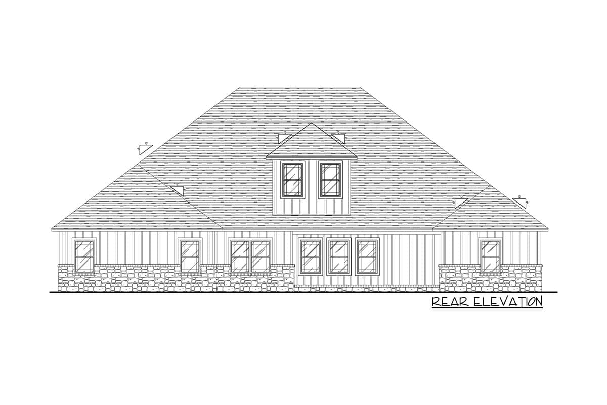 Rear elevation drawing of a house plan featuring a dormer, multiple windows, and stone and vertical siding.