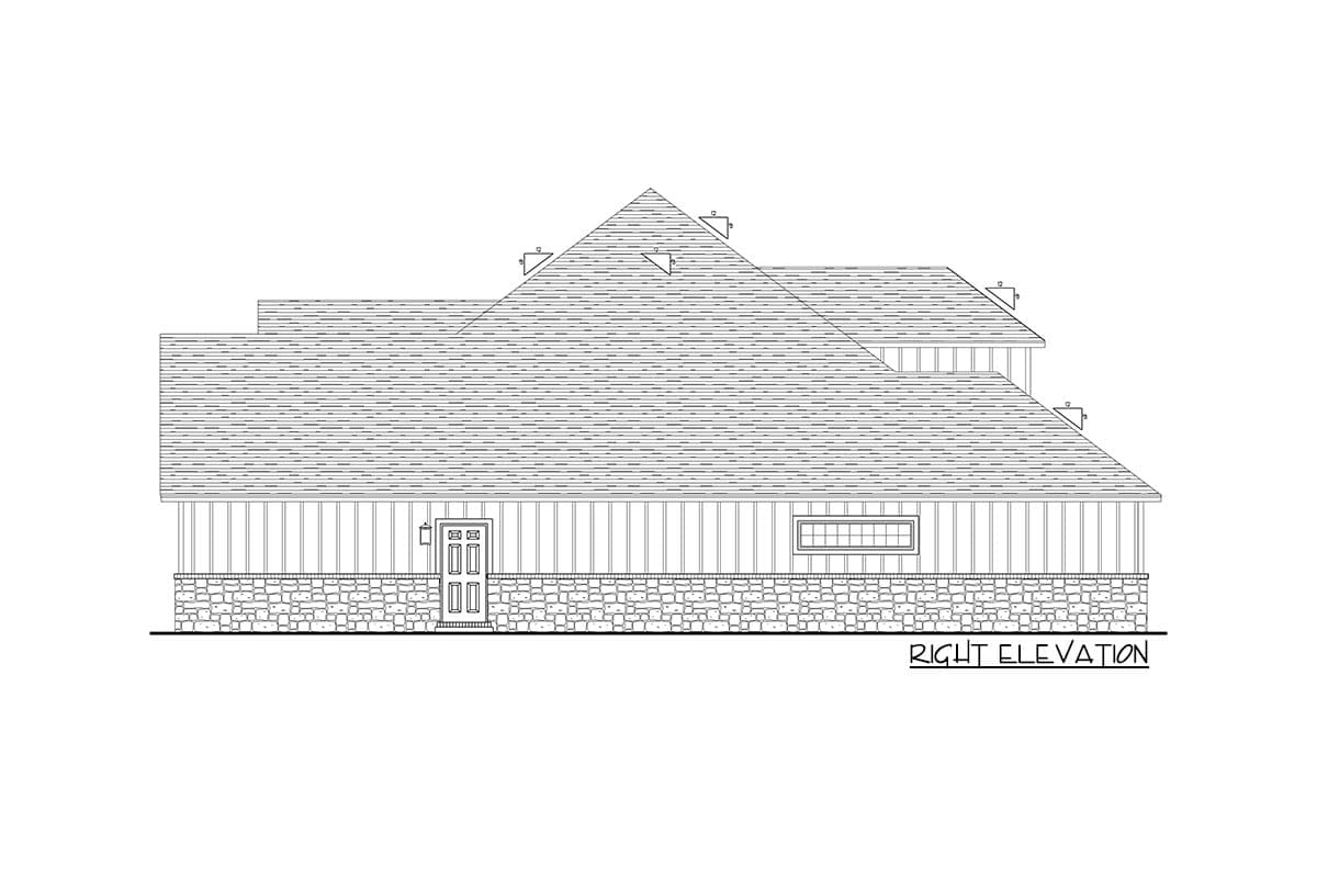 Right elevation of a house plan with a stone foundation, vertical siding, a prominent gable, and a decorative front door.