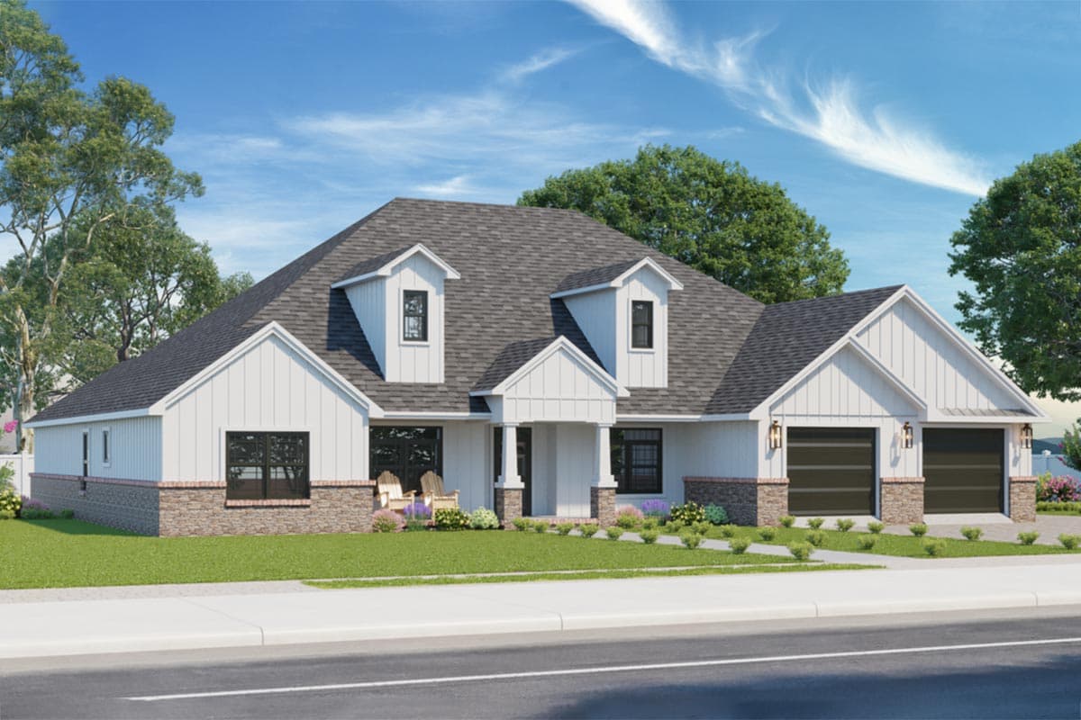 House plan exterior. Two-story Modern Farmhouse with dormers, a front-facing gable, a covered porch, and a two-car garage.