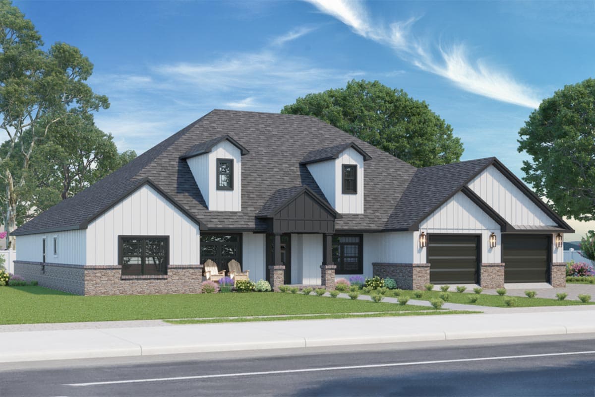 Modern Farmhouse house plan exterior with board and batten siding, dormers, covered porch, and a three-car garage.