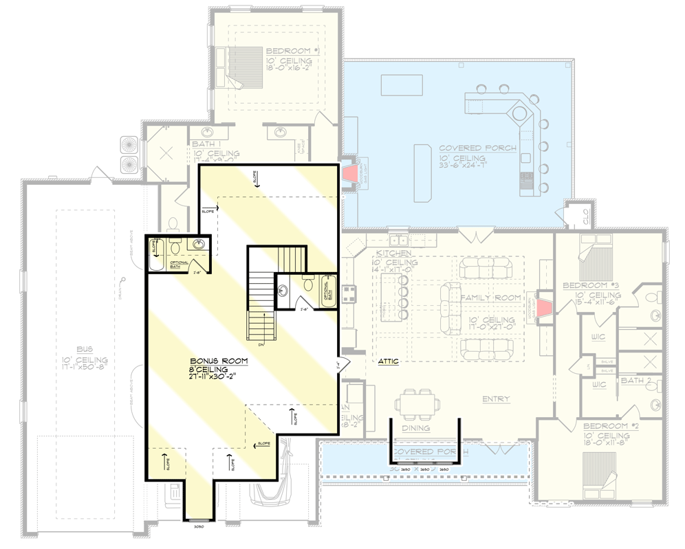 Plan 461040DNN: New American Ranch Plan with Oversized Garage Bay - 2884 Sq Ft - Floor Plan - Optionally Finished Bonus Room - Craftsman, Hill Country, New American, Ranch