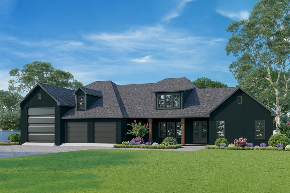 Modern Farmhouse house plan exterior with four garage bays, prominent dormers, and a covered entry with wood columns.