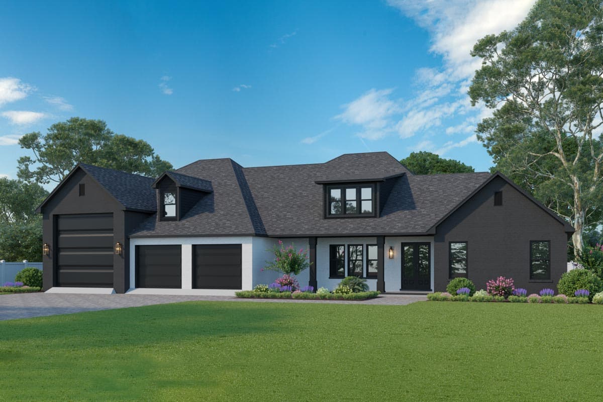 House plan exterior: Modern home with side-entry two-car garage, detached garage, dormers, and brick accents.