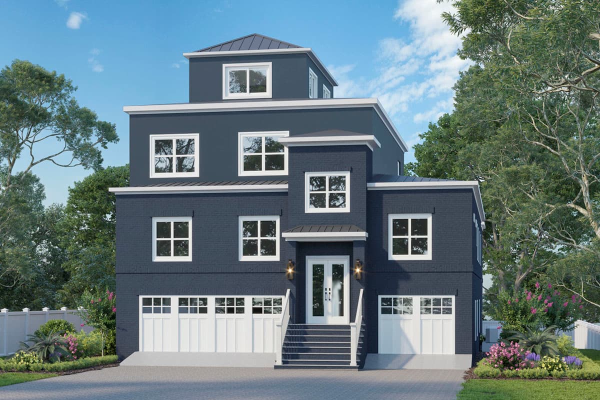 House plan exterior. Multi-story design with brick facade, gable roof, and two-car garage. Features include a front porch and dormer.