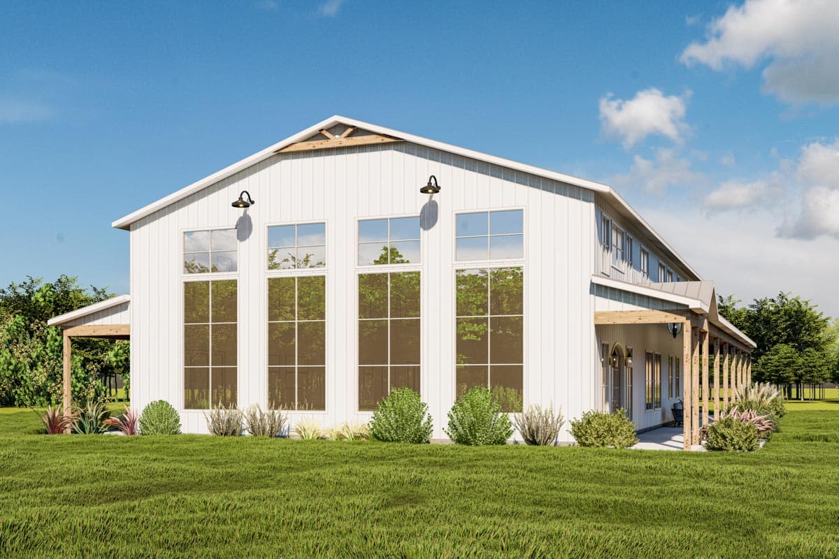 Modern farmhouse style house plan exterior with white vertical siding, large windows, and a covered porch.