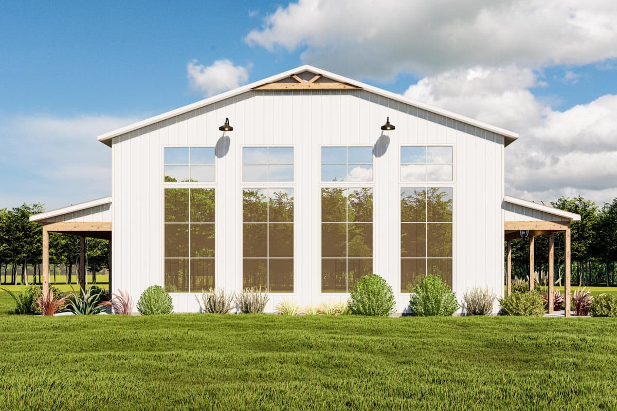 Modern Farmhouse house plan exterior with white vertical siding, large windows, and covered porches.