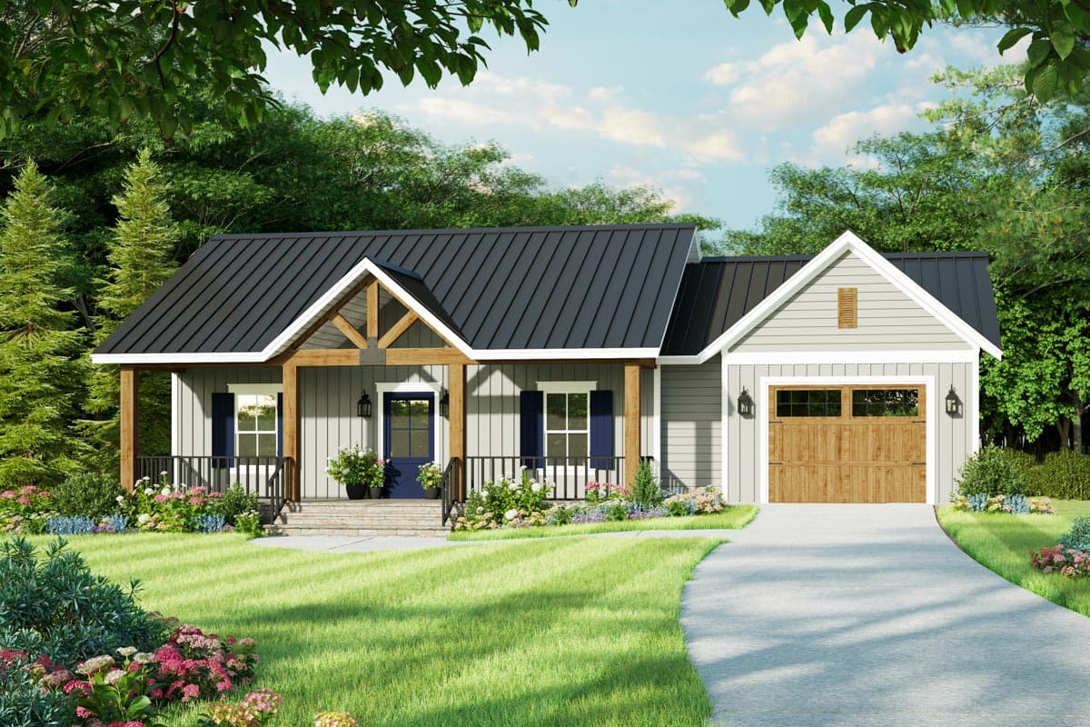 House plan exterior with Craftsman style. Features include a front porch with timber supports, gabled roof, and attached garage with wood door.