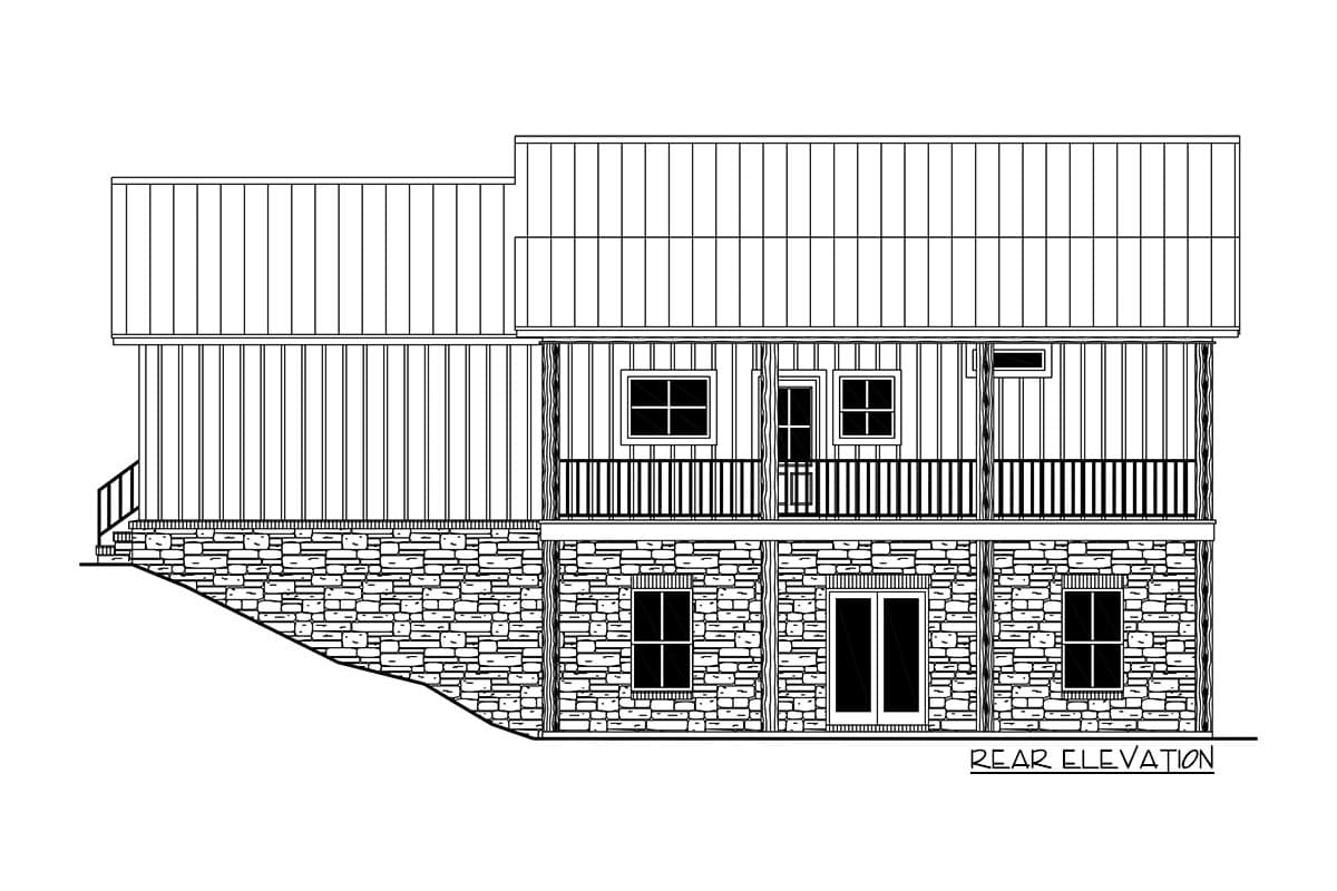Rear elevation house plan with stone foundation, upper level porch, and vertical siding.