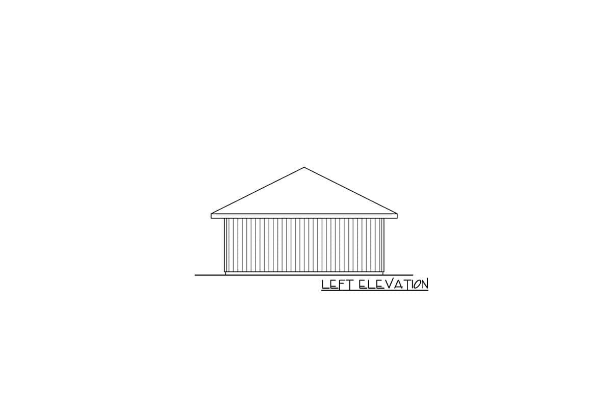Left elevation drawing of a house with vertical siding and a gabled roof.