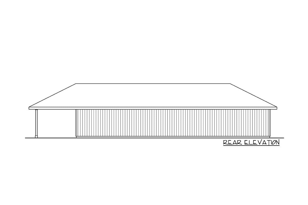 Rear elevation drawing of a house plan featuring vertical siding and a covered area on the left.
