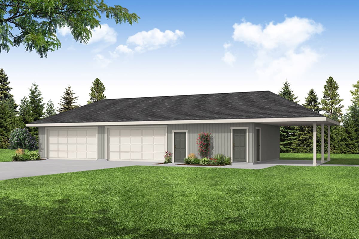 House plan exterior with two-car garage, carport, and gable roof. Features include two entry doors and a light gray siding.