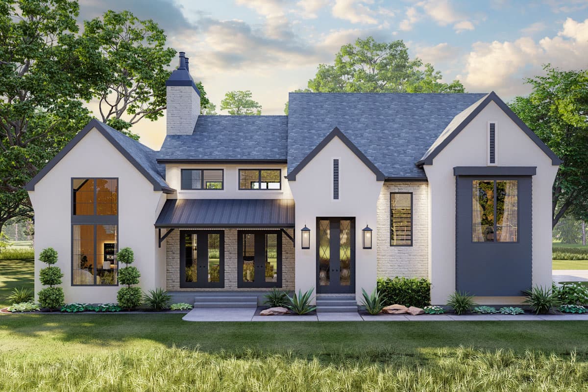 House plan exterior. Two-story, Modern Farmhouse style. Features include gables, a metal roof, a covered porch, and dark-framed windows.