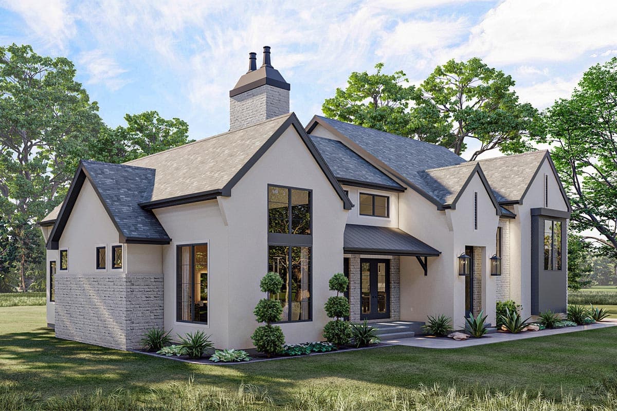 House plan exterior rendering showing a two-story Modern European style home with stucco and stone accents, multiple gables, and a prominent chimney.