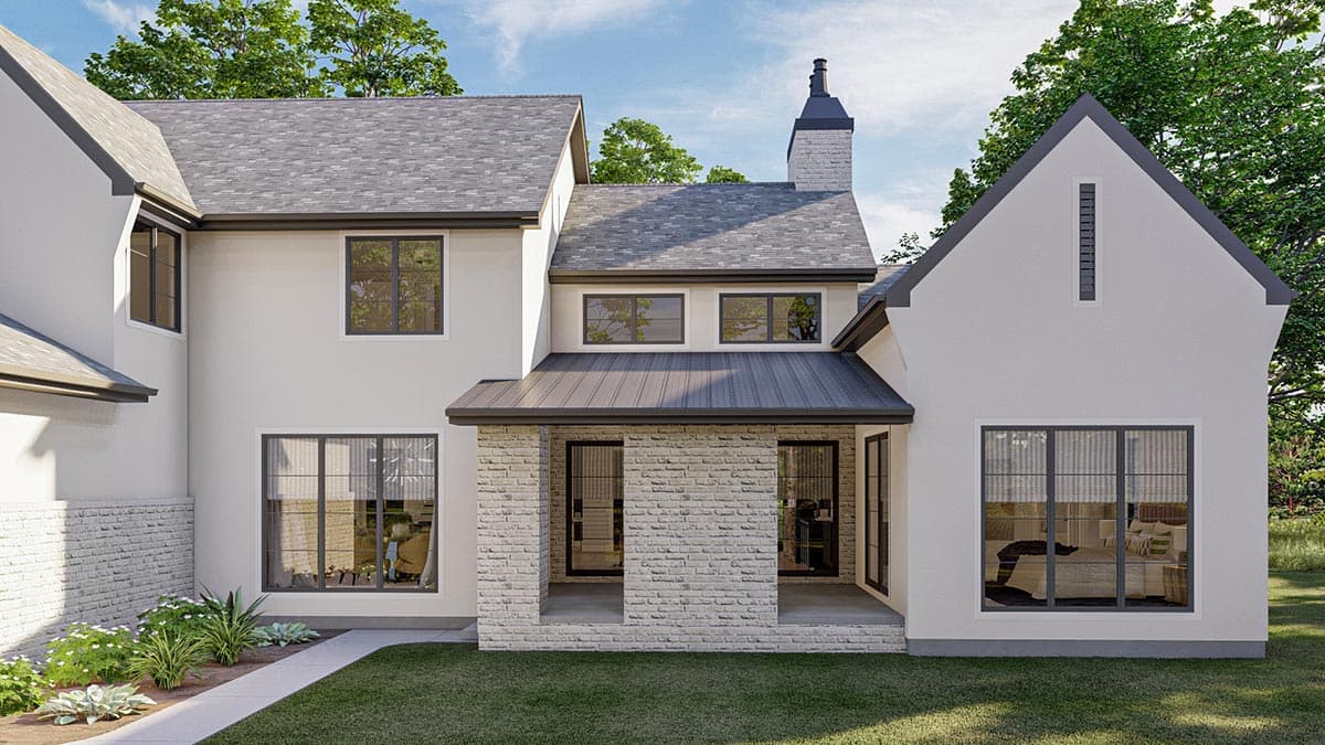 Modern Farmhouse house plan exterior with two stories, a gabled entrance, stone accents, and a metal shed roof over the porch.