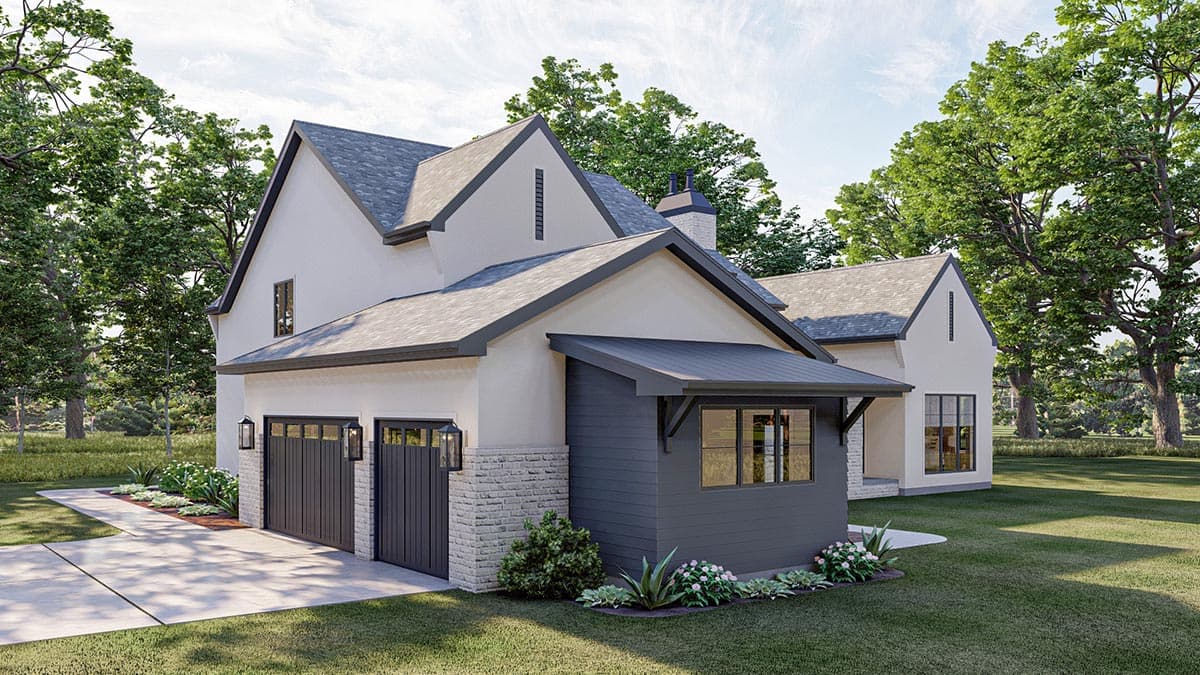 House plan exterior: Modern Farmhouse style, two stories, with a side-facing two-car garage, gables, and a covered entryway.