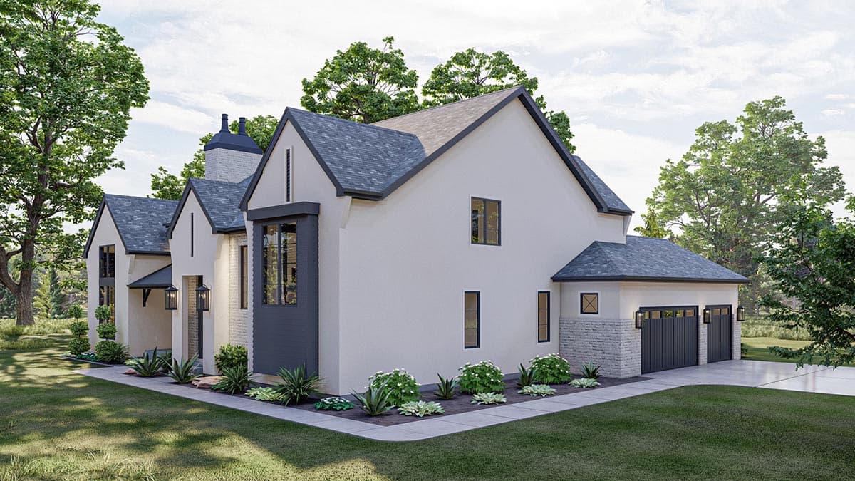 House plan exterior shows a modern European style two-story home with gables, stone accents, and a three-car garage.