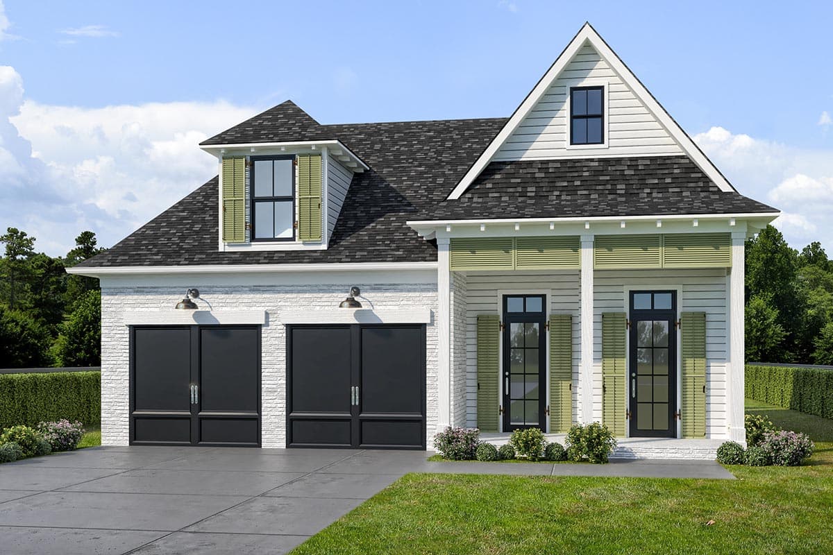 House plan exterior. Two-story home with a gabled roof, dormer, and attached garage. Includes a front porch with columns and shutters.
