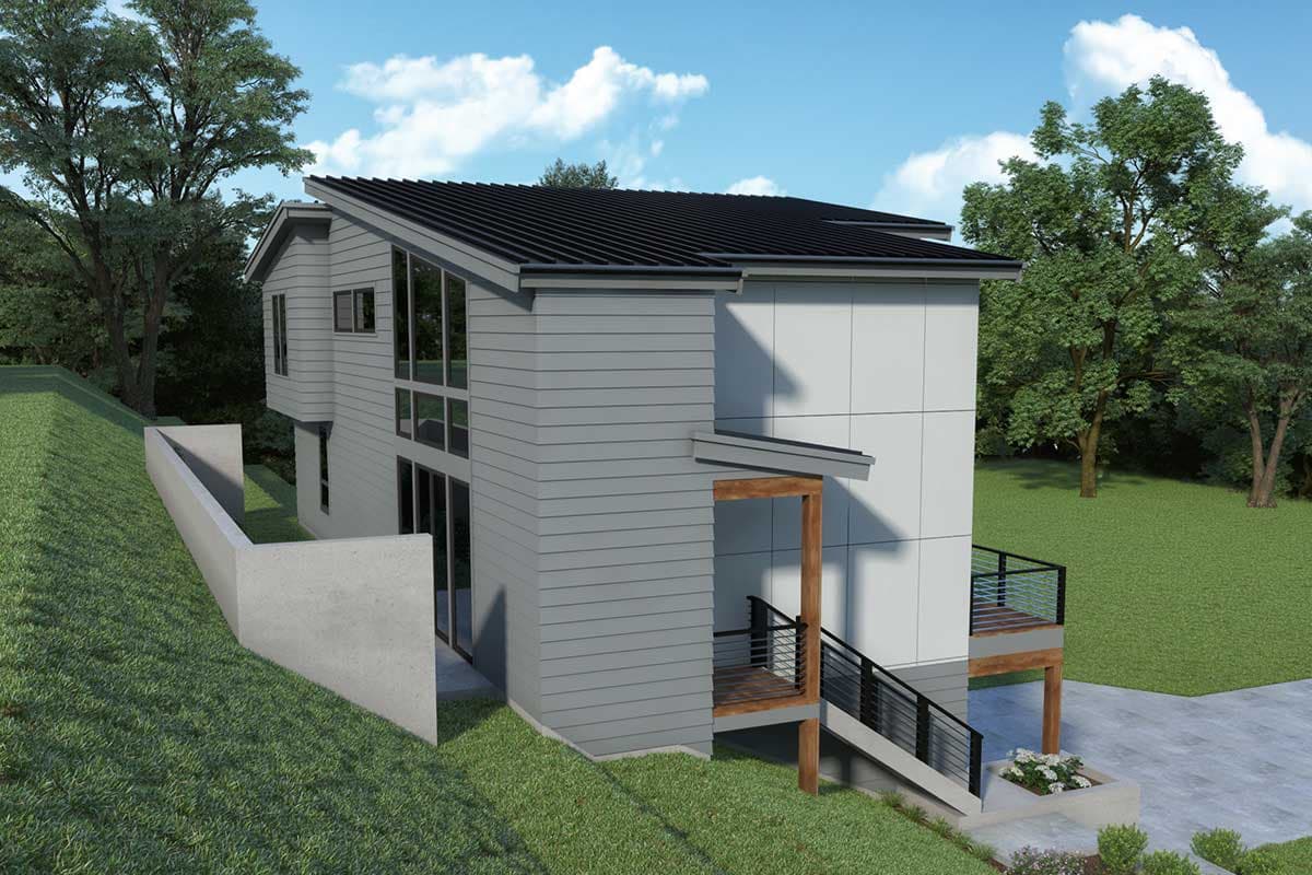 Modern house plan exterior with a sloped roof, two stories, and large windows. Features a covered porch and a deck.