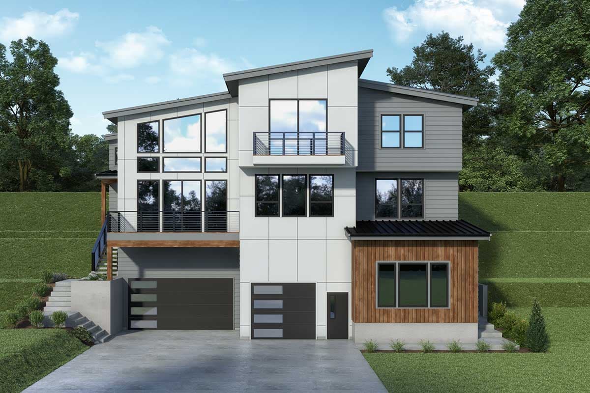 Modern house plan exterior with multi-level massing, expansive windows, balconies, and a three-car garage.