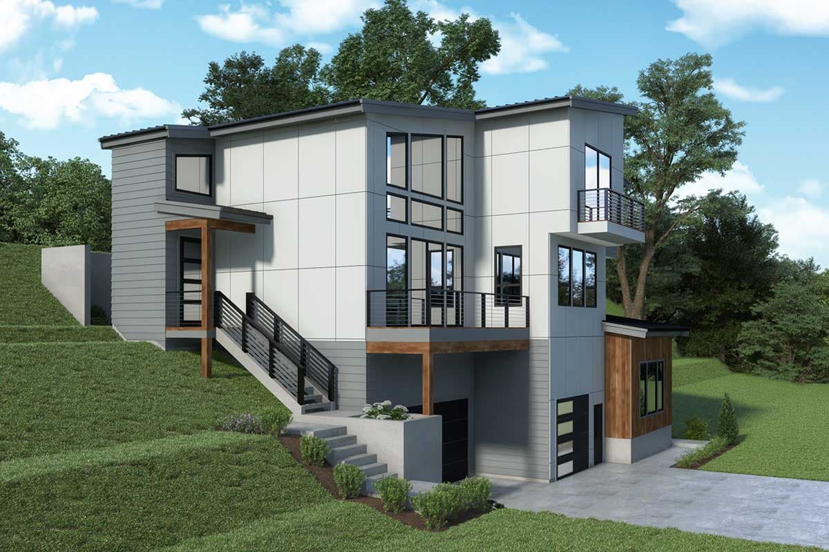 Modern house plan exterior with multiple levels, balconies, large windows, and an integrated garage on a sloped lot.