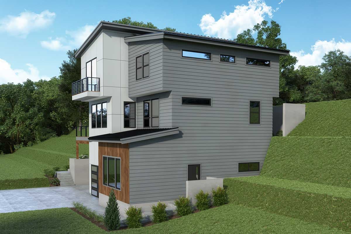 Modern house plan exterior: three stories, balcony, horizontal siding, flat rooflines, and numerous geometric windows.