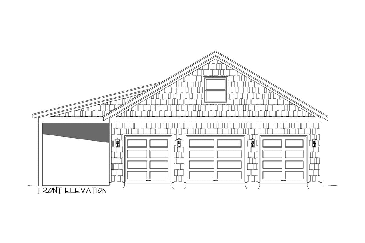 Front elevation drawing of a house with a three-car garage, steeply pitched gable roof, and shingle siding.