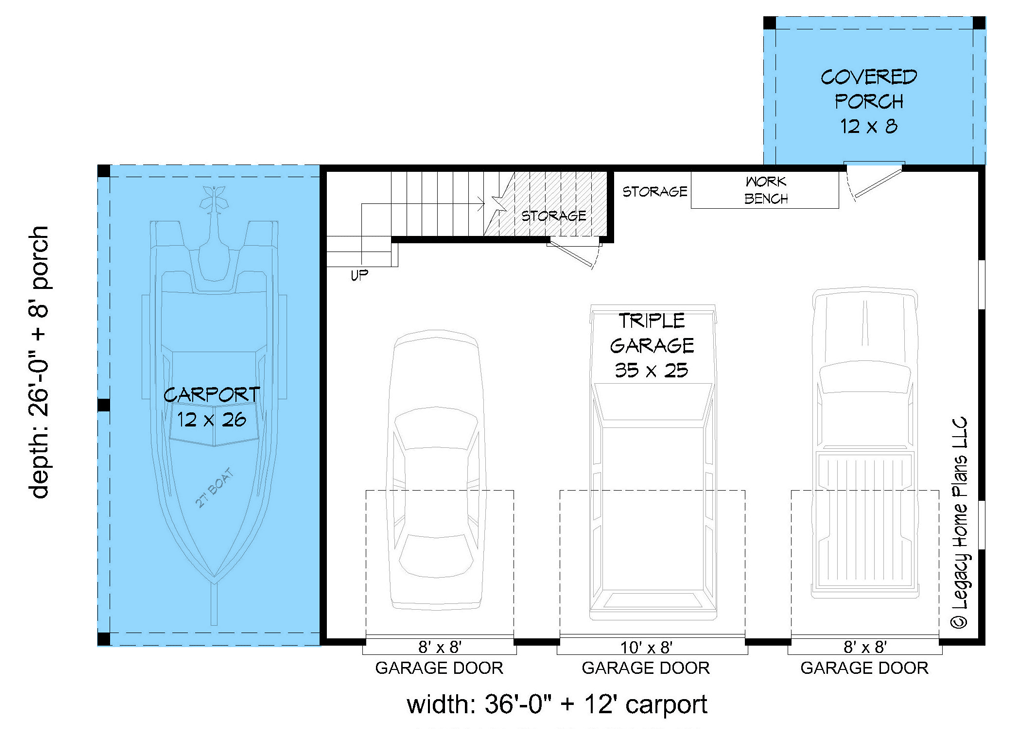 Plan 68962VR: Shingled 3-Car Garage with Carport - Floor Plan - Main Level - Country, Craftsman, Traditional