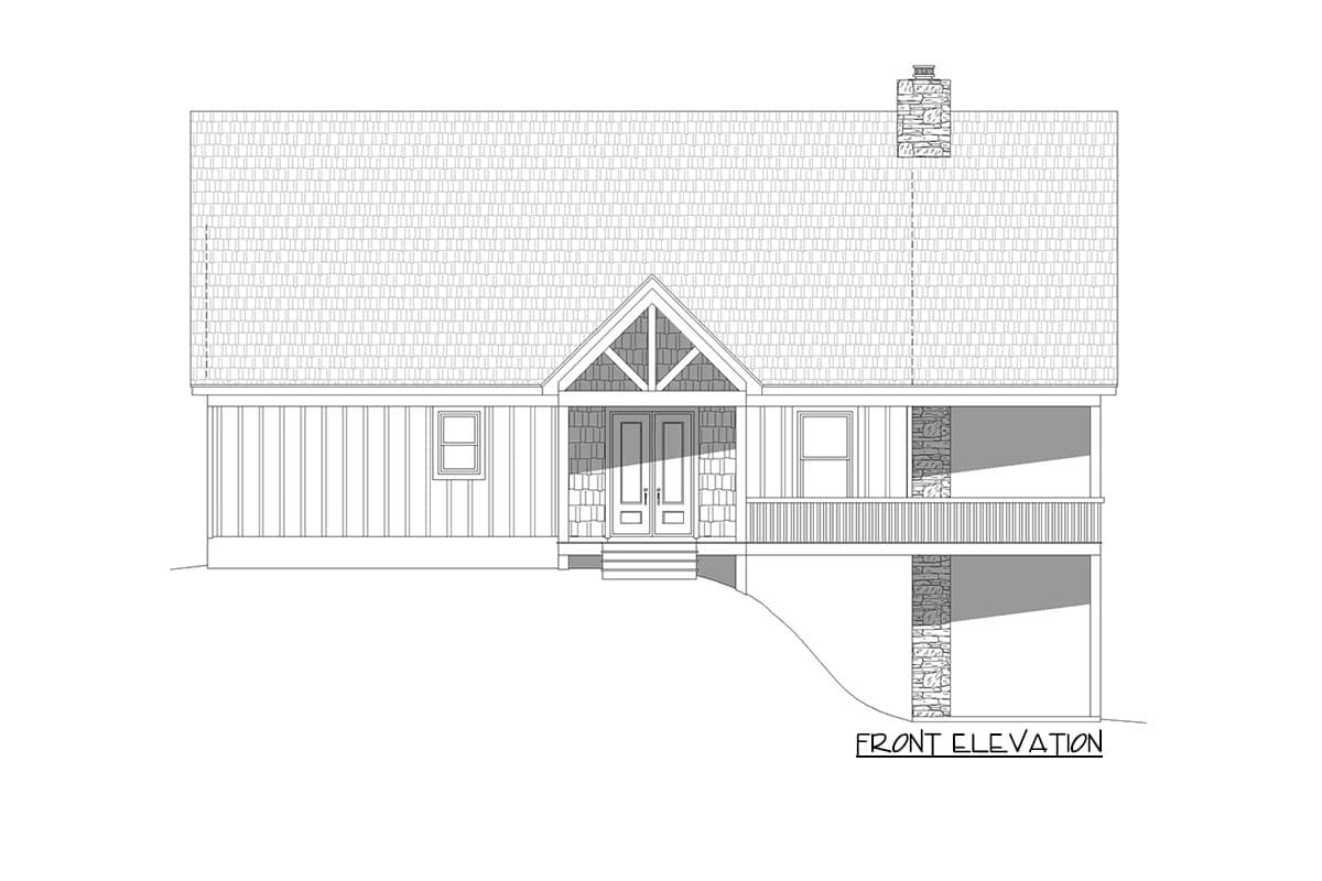 Front elevation drawing of a house plan featuring a prominent gable over double doors, siding, stone accents, and a stone chimney.