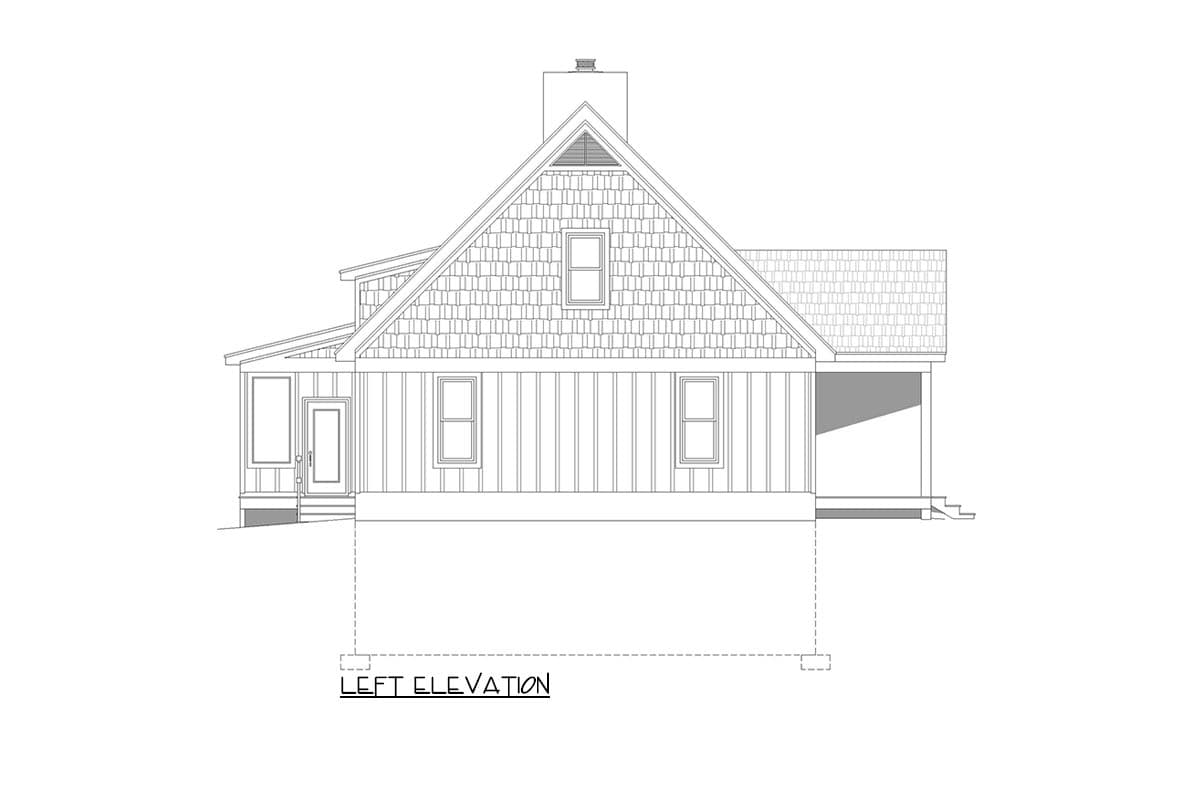 Left elevation house plan drawing showing a gabled roof, dormer window, porch, and vertical siding.