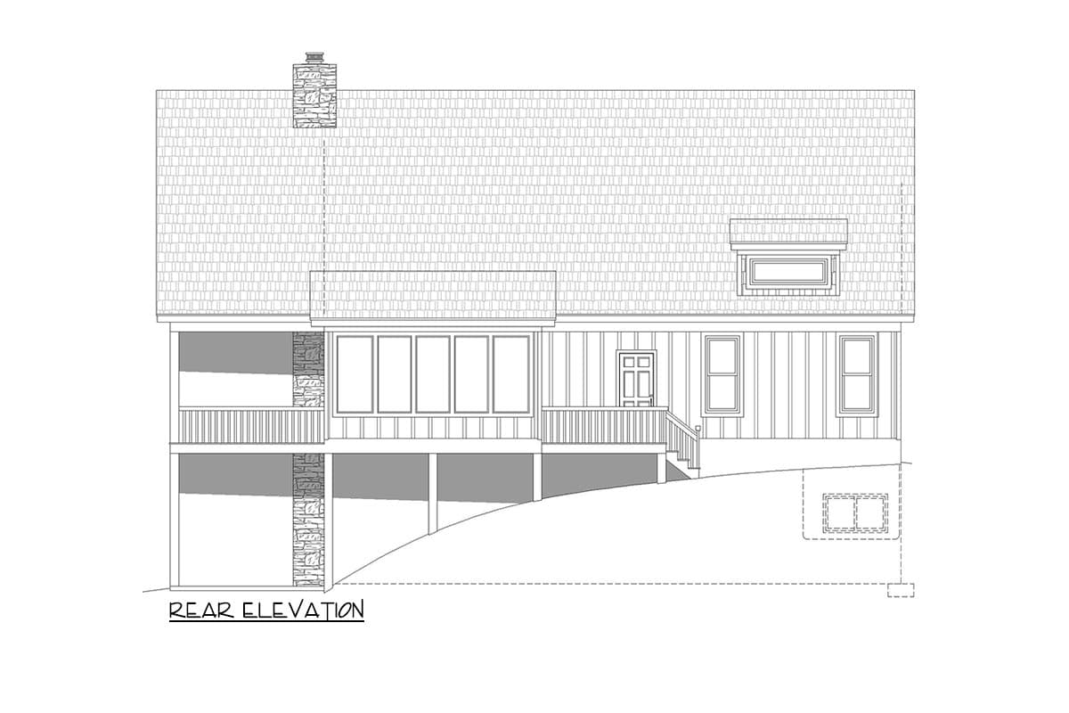 Rear elevation drawing of a house plan with a stone chimney, multiple windows, a sunroom, and a visible foundation.